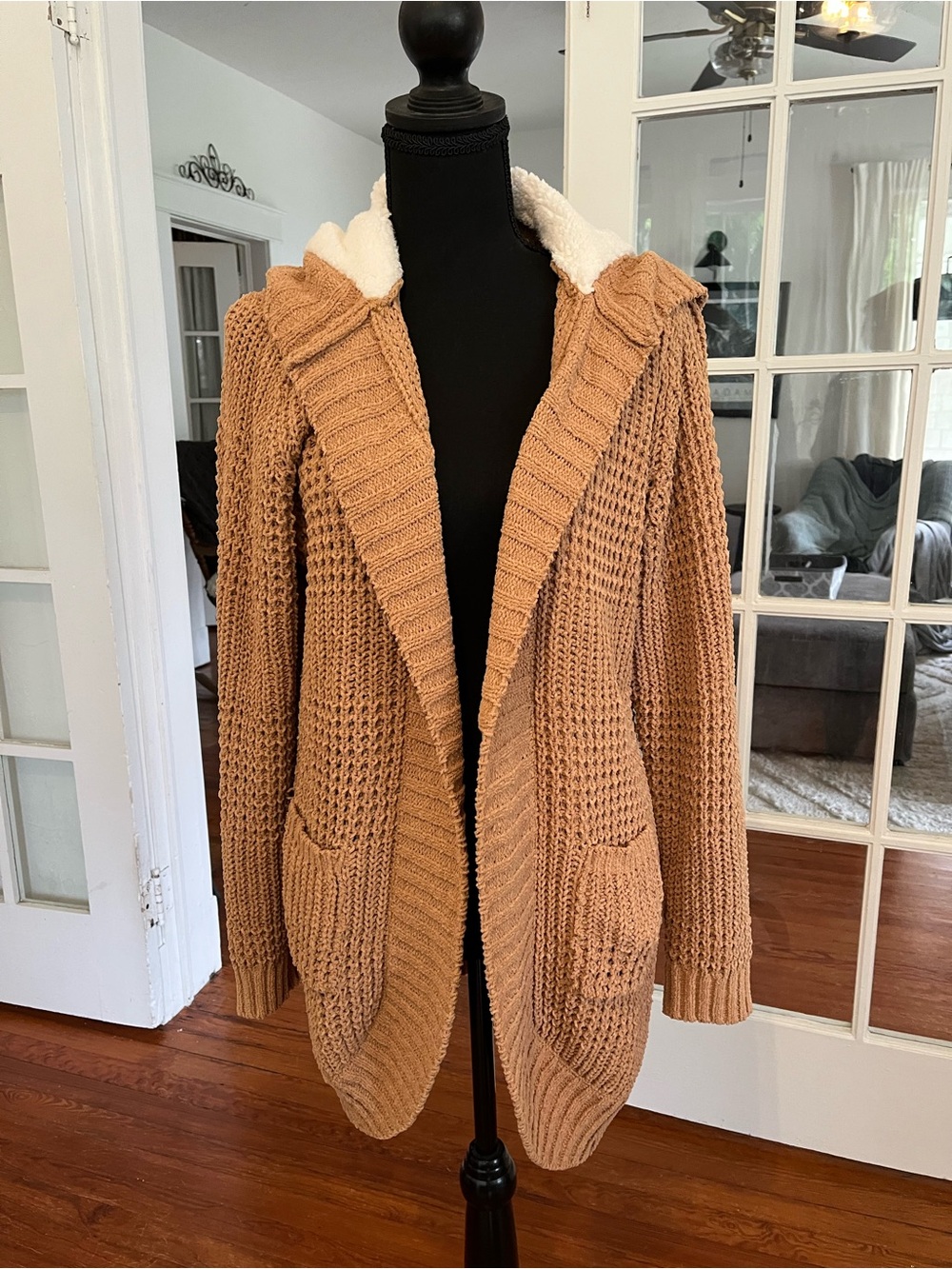 Derek Heart Tan Knit Hooded Cardigan with White Sherpa Lining